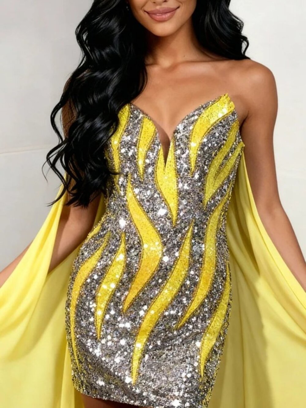 NWT Jovani 46072 Strapless Sequin Cape Cocktail Dress Yellow size 0